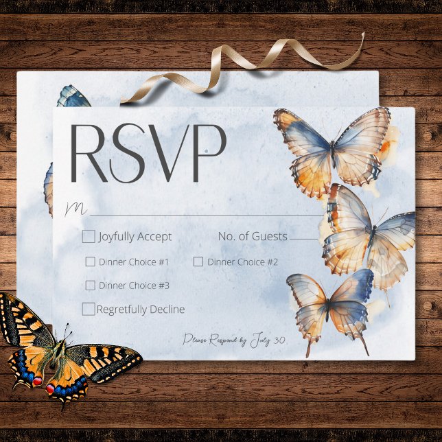 Modern blå och rost vattenfärgsmördare OSA kort (Modern Blue & Rust Watercolor Butterflies Dinner RSVP Card)