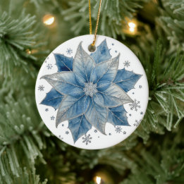 Modern blå och silver Poinsettia jul Julgransprydnad Keramik