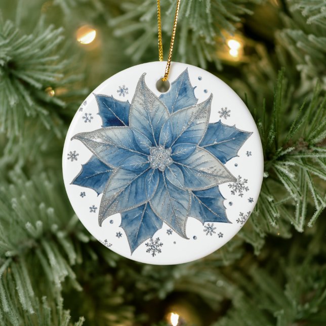 Modern blå och silver Poinsettia jul Julgransprydnad Keramik (Träd)