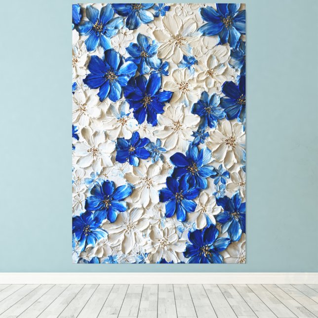 Modern Blå och Vit Blommig Abstrakt Väggkonst   Canvastryck (Insitu (trägolv))