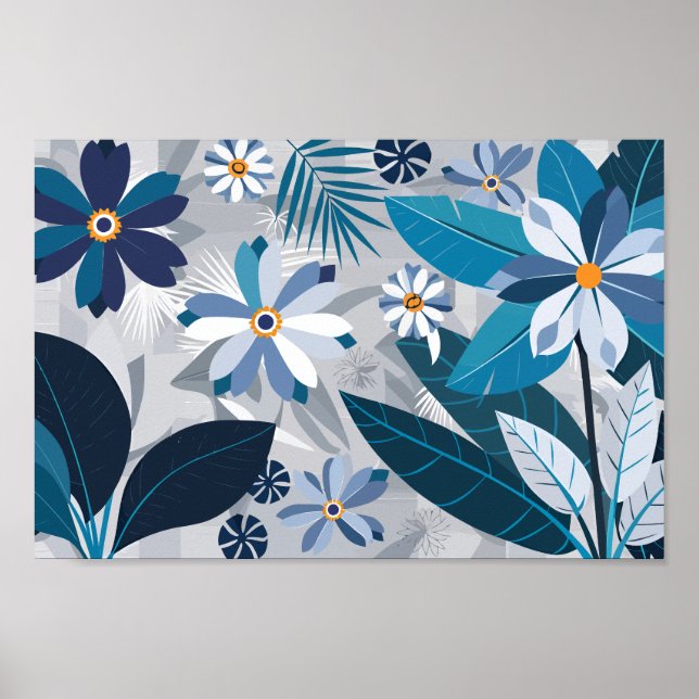 Modern blå och vit Blommigt med geometrisk Löv Poster (Framsidan)