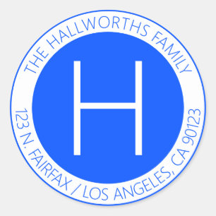 Modern blå och vit Returadress eller annan text Runt Klistermärke