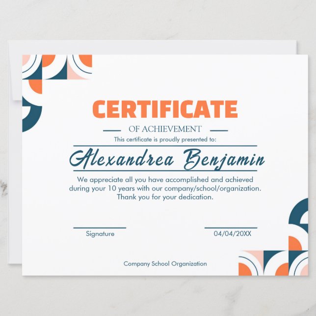 Modern Blå Orange Certifikat för prestation Prof (Framsida)