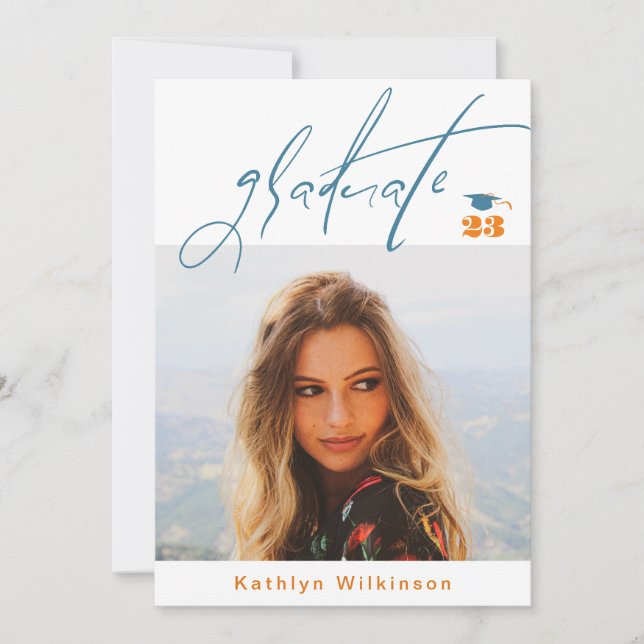 Modern Blå Orange Skrift Minimalistisk Foto EXAMEN Inbjudningar (Framsida)