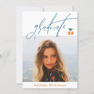 Modern Blå Orange Skrift Minimalistisk Foto EXAMEN Inbjudningar