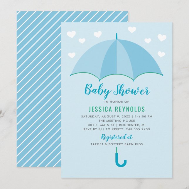Modern blå paraplyhjärtan pojke baby shower inbjudningar (Fram/baksida)