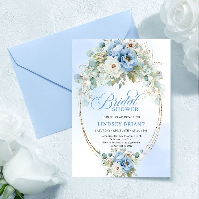 Modern blå peony guld ram bröllopsfest inbjudan (Modern Blue Peony Gold Frame Bridal Shower Invite

)