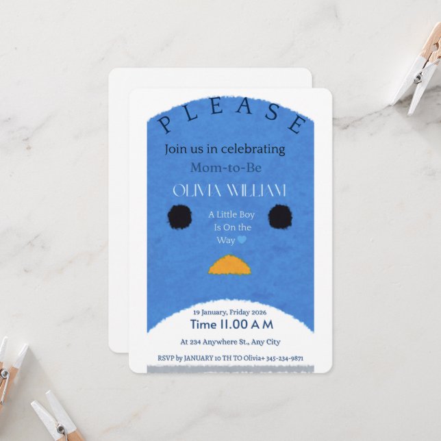 Modern blå pingvin-baby shower-inbjudan | Whims Inbjudningar (Fram/Back In Situ)