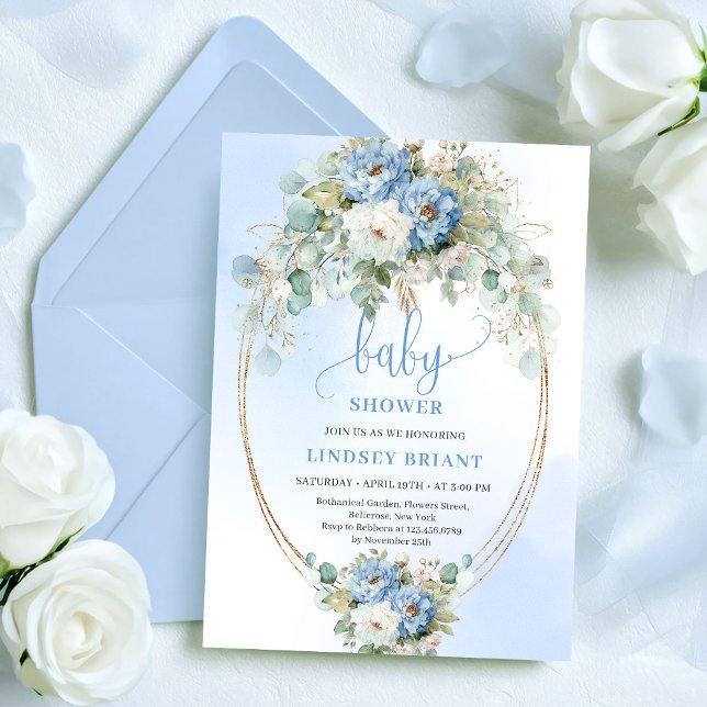 Modern Blå Pion Guld Ram Baby Shower Inbjudan (Modern Blue Peony Gold Frame Baby Shower Invite

)