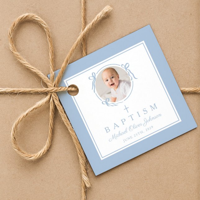 Modern Blå Pojke Dop Foto Gåvor Etiketter (Modern Blue Boy Baptism Photo Favor Tags)