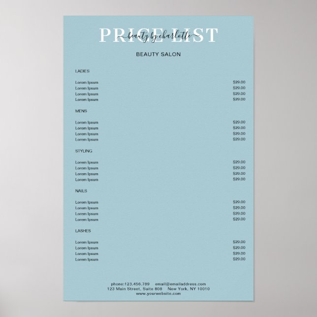 Modern Blå Prislista Affisch (Framsidan)