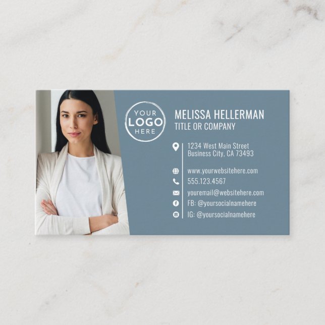 Modern Blå Professionell QR-kod Foto Logotyp Visitkort (Framsida)