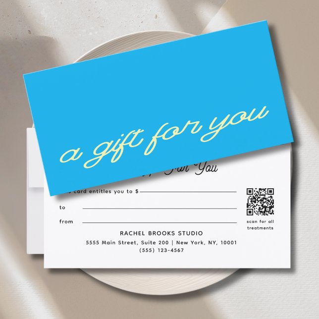 Modern blå QR-kod presentkort (Modern Script Blue QR Code Gift Certificate)