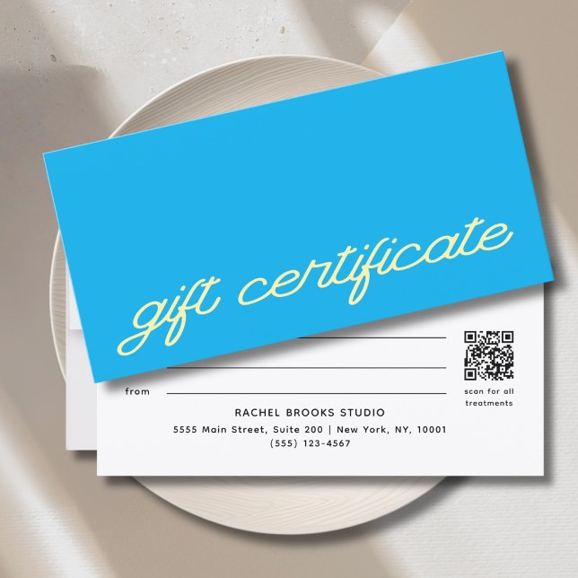 Modern blå QR-kod presentkort (Modern Script Blue QR Code Gift Certificate)