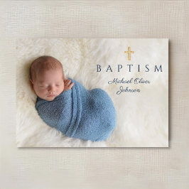 Modern blå religiös kors pojke dop foto inbjudningar