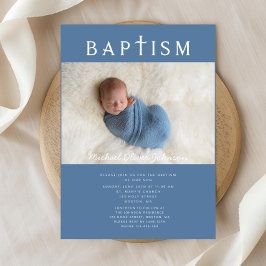 Modern blå religiös korsfoto pojke dop inbjudningar
