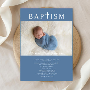 Modern blå religiös korsfoto pojke dop inbjudningar