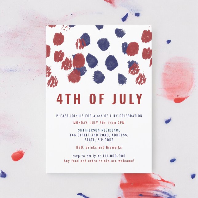 Modern blå röd prick, vattenfärg 4 juli inbjudningar (Modern blue red dots watercolor 4th of July Invitation)