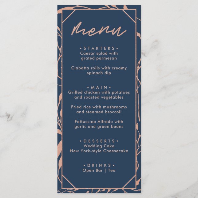 Modern Blå & Roséguld Blommig Bröllop Meny (Framsida)