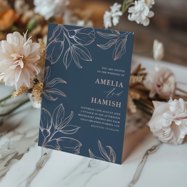 Modern Blå & Roséguld Blomster Bröllop Inbjudningar (Skapare uppladdad)