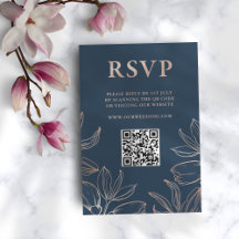 Modern Blå & Roséguld Foliage RSVP QR Bröllop