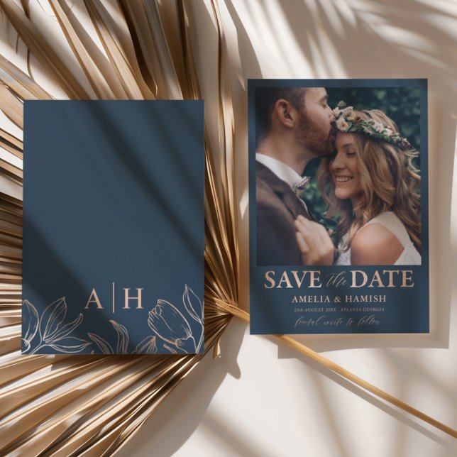 Modern Blå & Roséguld Save the Date Spara Datumet (Skapare uppladdad)