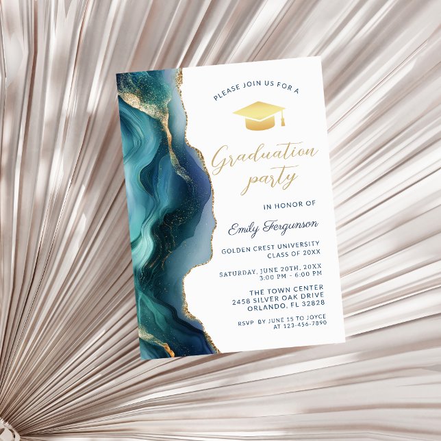 Modern blå safir-marmor examensfest inbjudningar (Modern Blue Sapphire Agate Graduation Party Invitation)