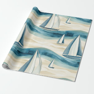 Modern blå segelbåt Oceanvåg mönster Presentpapper
