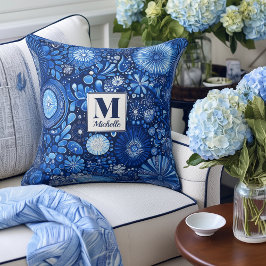 Modern blå Shibori Monogram dekorationsruta Kudde