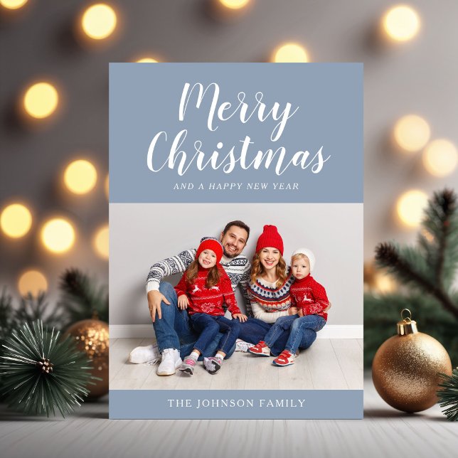 Modern Blå Skrift Jul Foto Julkort (Modern Blue Script Christmas Photo Holiday Card)