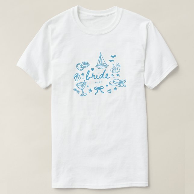 Modern blå skript sjö bröllop brud namn anpassad t shirt (Design framsida)