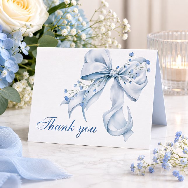 Modern Blå Slinga Coquette Bröllopsfest Tack Kort (Modern blue bow coquette bridal shower thank you card)