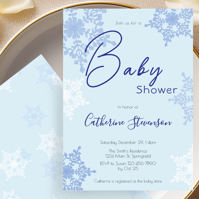 Modern Blå Snöflinga Vinter Bebis Shower Inbjudningar (Skapare uppladdad)