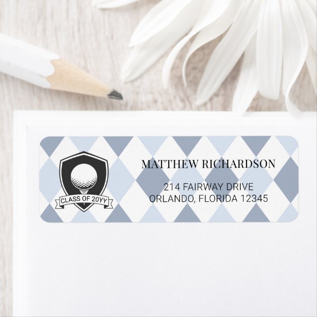 Modern Blå Svart Golf Examen Returadress Etikett (Insitu)