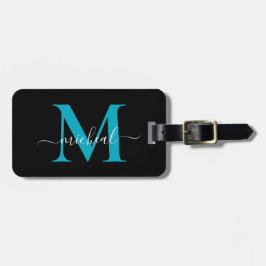 Modern blå & svart monogram skriptnamn bagagebricka