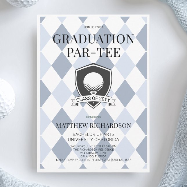 Modern Blå Svart Stilig Golf Examenfest Inbjudningar (Modern Blue Black Stylish Golf Graduation Party Invitation)