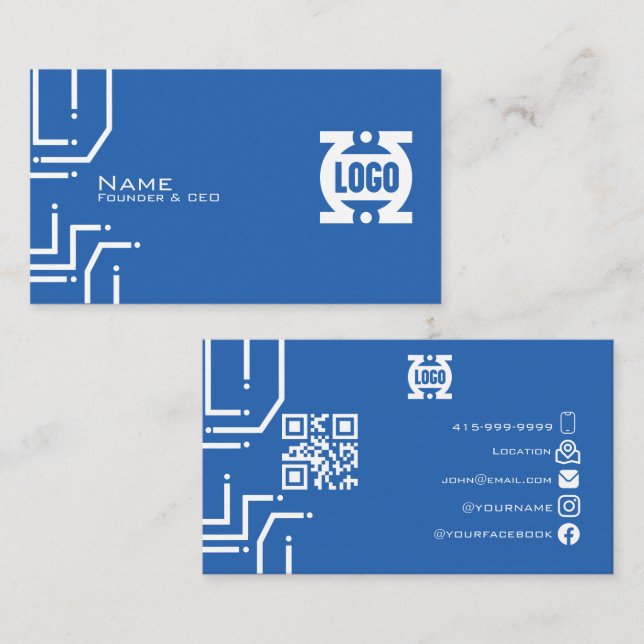 Modern blå Tech-kretskort QR-kod  Visitkort (Fram/baksida)