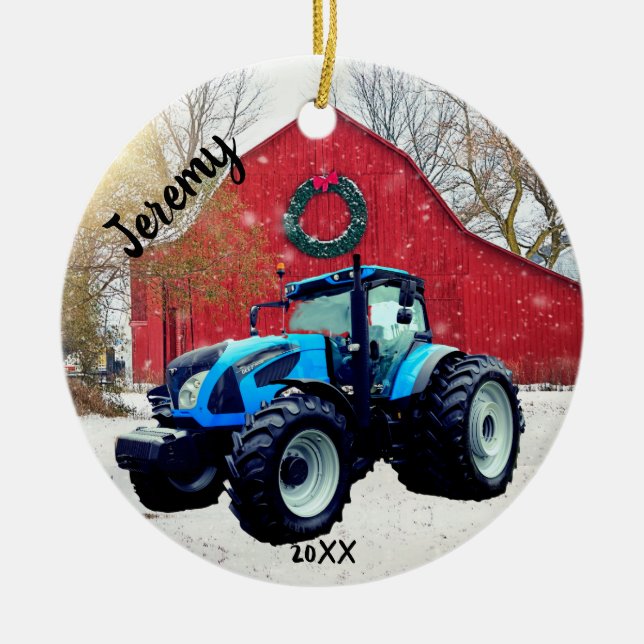 Modern blå traktor jul julgransprydnad keramik (Framsidan)
