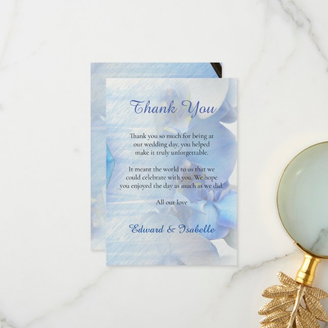 Modern blå tropisk vattenfärgsfärg, orchid blomma tack kort (Fram/Back In Situ)