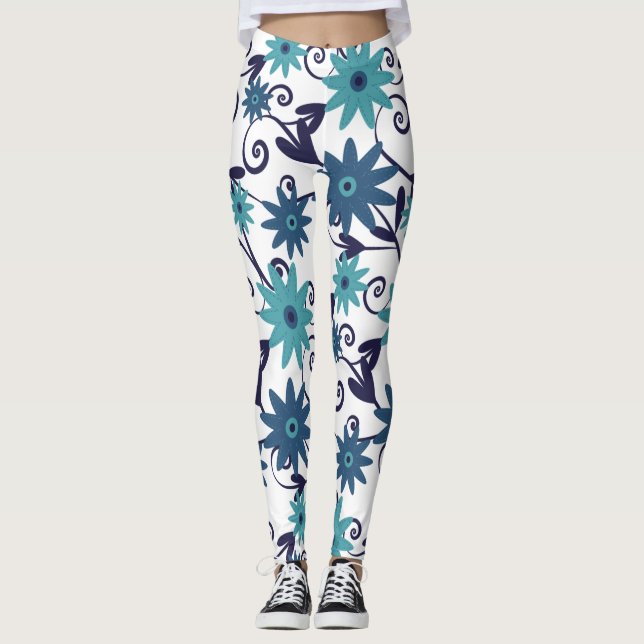 Modern blå turkos Flower Mönster Leggings (Framsida)