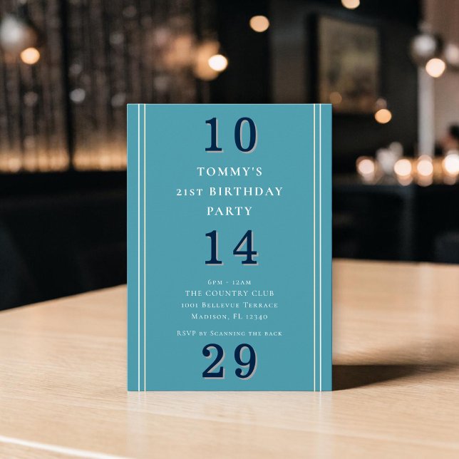 Modern Blå Typografi 21-års Födelsedagsinbjudan Inbjudningar (Skapare uppladdad)