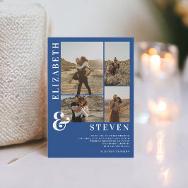 Modern blå upphöjd 5-fotoraster bröllop inbjudningar