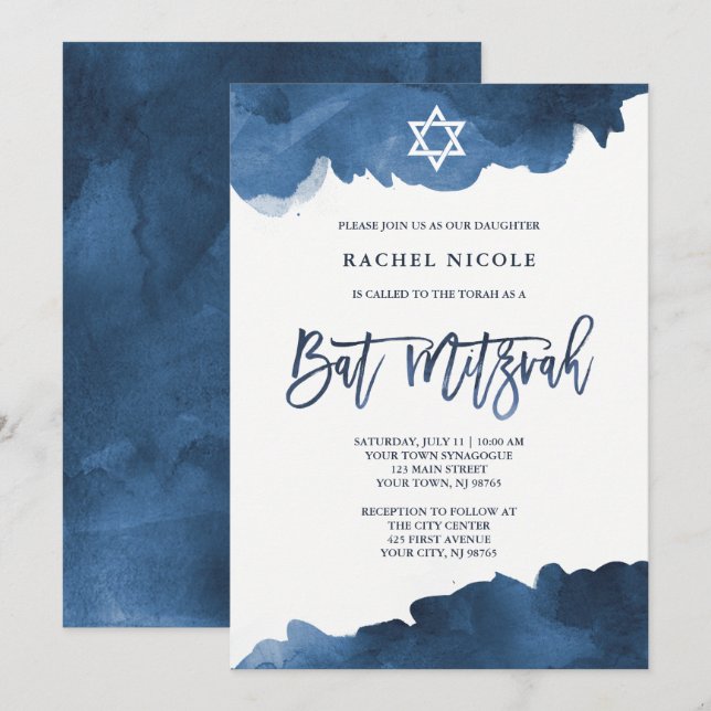 Modern blå vattenfärg | Bat mitzvah inbjudan (Fram/baksida)