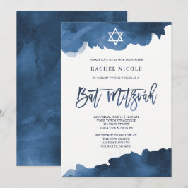 Modern blå vattenfärg | Bat mitzvah inbjudan