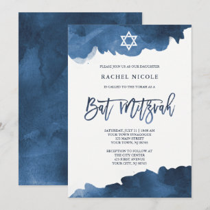 Modern blå vattenfärg Bat mitzvah inbjudan