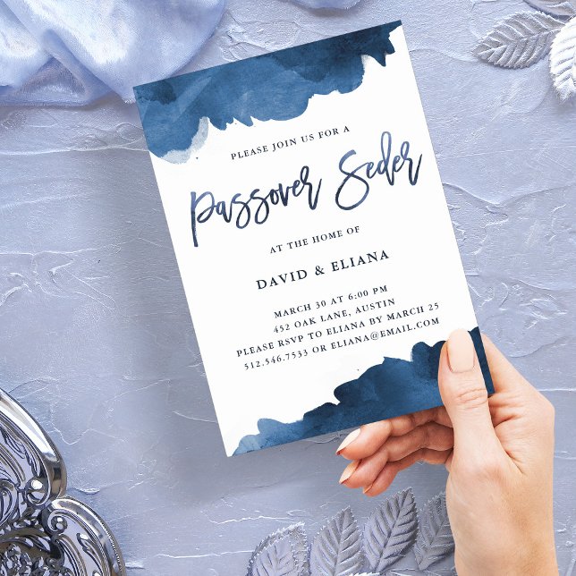 Modern blå vattenfärg | Pesach Seder-inbjudan Inbjudningar (Skapare uppladdad)