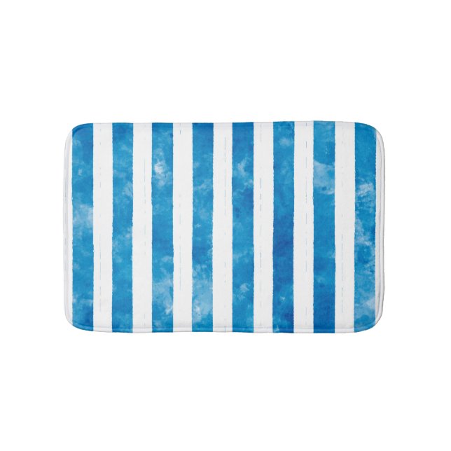 Modern blå vattenfärgsvit strimlad badrumsmatta (Framsidan)