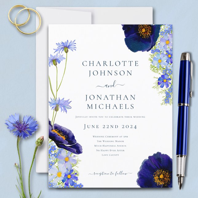 Modern Blå Vildblomma Akvarell Bröllop Inbjudan Vykort (Boho chic blue wildflower budget wedding invitation postcard )