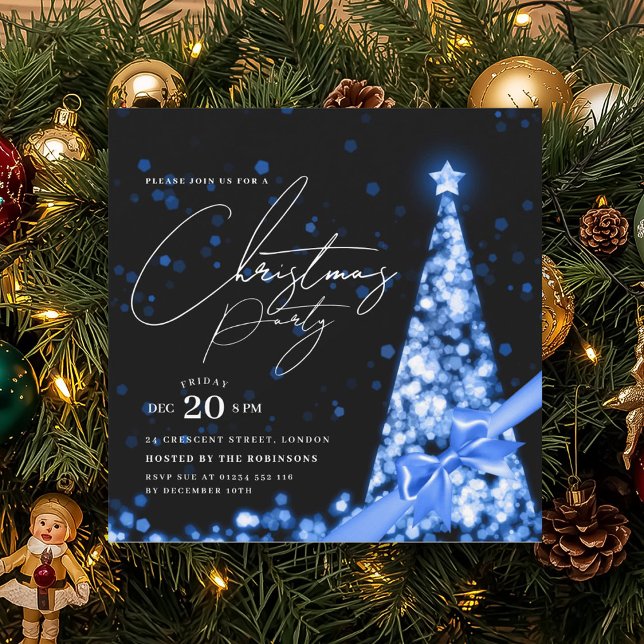 MODERN Blå Vinter Julgran Bow Party  Inbjudningar (MODERN Blue Winter Christmas Tree Bow Party Invitation)