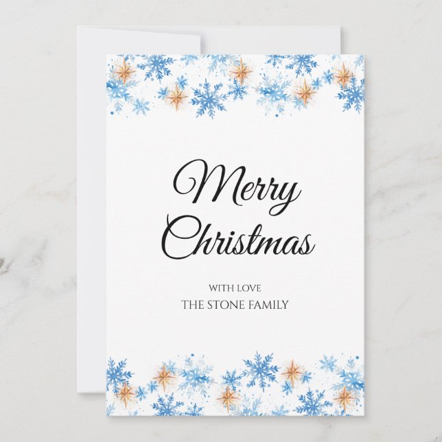 Modern blå vintersnöflammande jul julkort (Framsida)